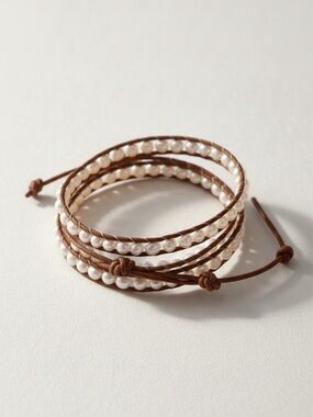 Pearl and leather wrap bracelet